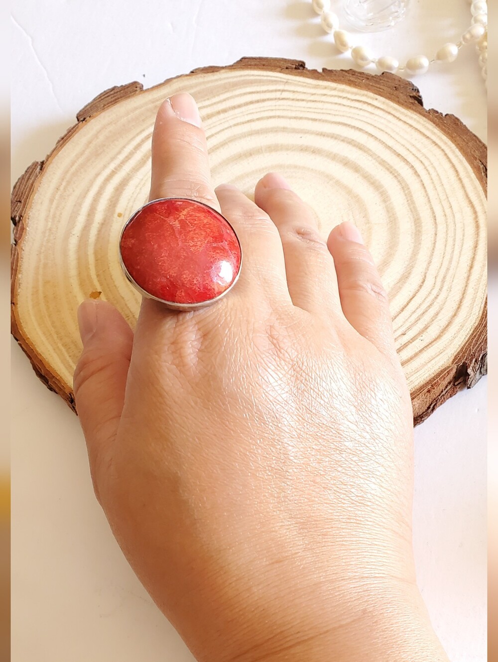 Vtg. Sterling Silver 30mm Round Natural Red Coral Ring